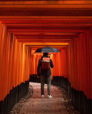 NOMATIC Camera Backpacks collection banner, man with an umbrella and orange backpack walking through a corridor of red torii gates