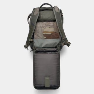 NOMATIC Travel Bag 30L in olive, open main compartment showing packing capacity