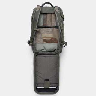 NOMATIC Travel Bag 40L in olive, open main compartment showing packing capacity