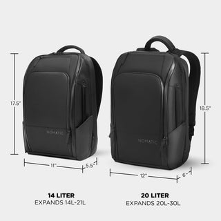 Nomatic Travel Pack 20L vs 14L size comparison chart showing dimensions, capacity, and feature differences