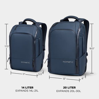 Nomatic Travel Pack 20L vs 14L size comparison chart - navy