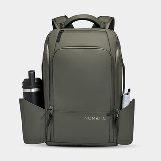 Nomatic Travel Pack 14L olive with filled magnetic water bottle pocket open