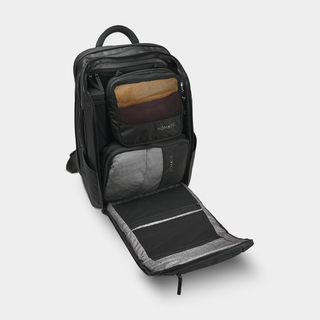 Nomatic Travel Pack 20L open top view showing 22-pocket interior organization with laptop sleeve and RFID compartment